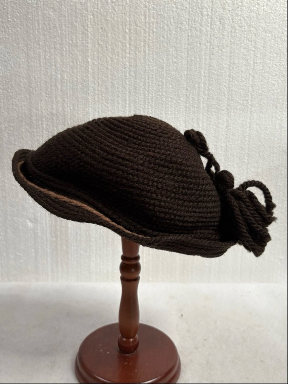 Women's Brown Knit Cloche Hat with Bow Accent